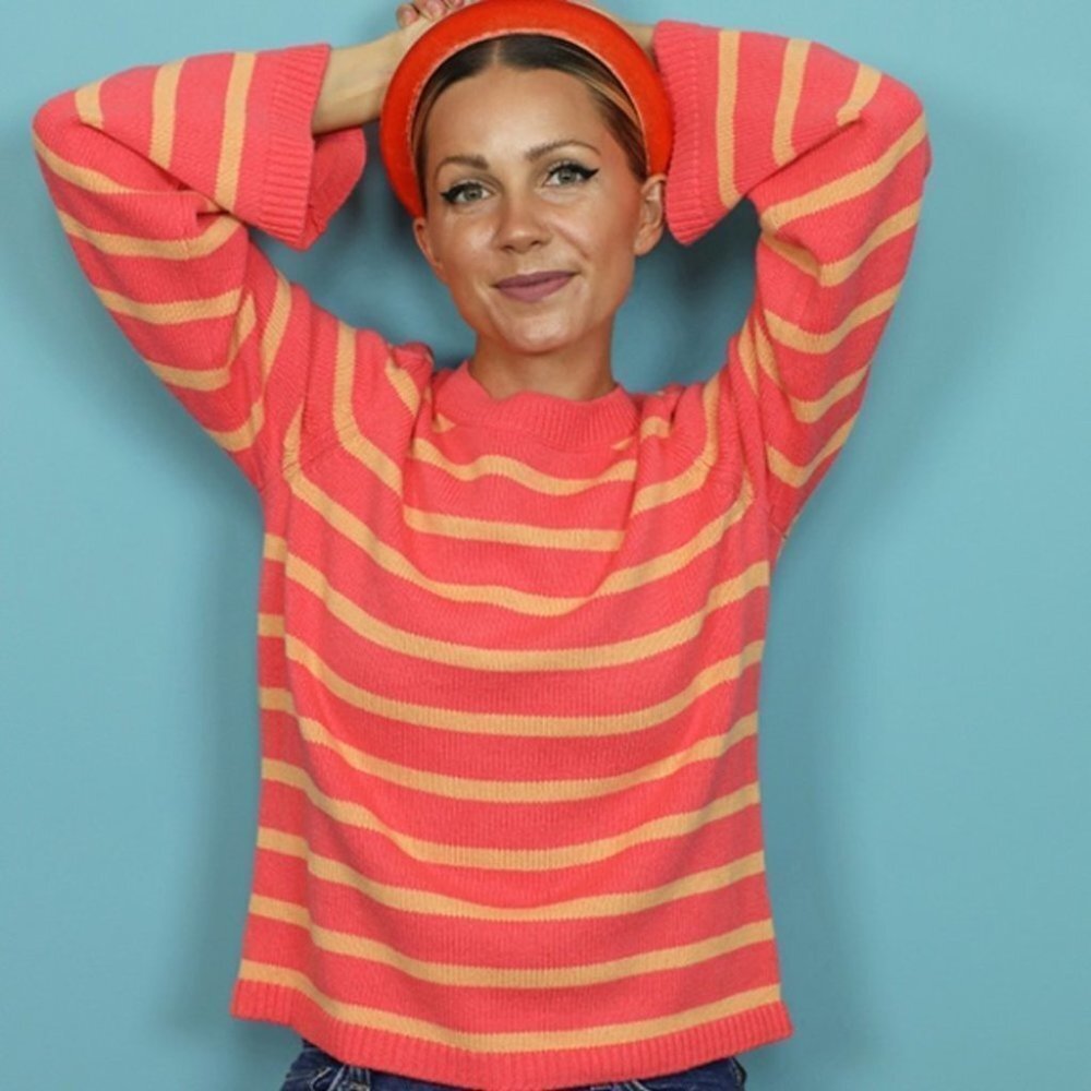 Halogen Atlantic Pacific collab Coral and Peach Striped Crewneck Sweater